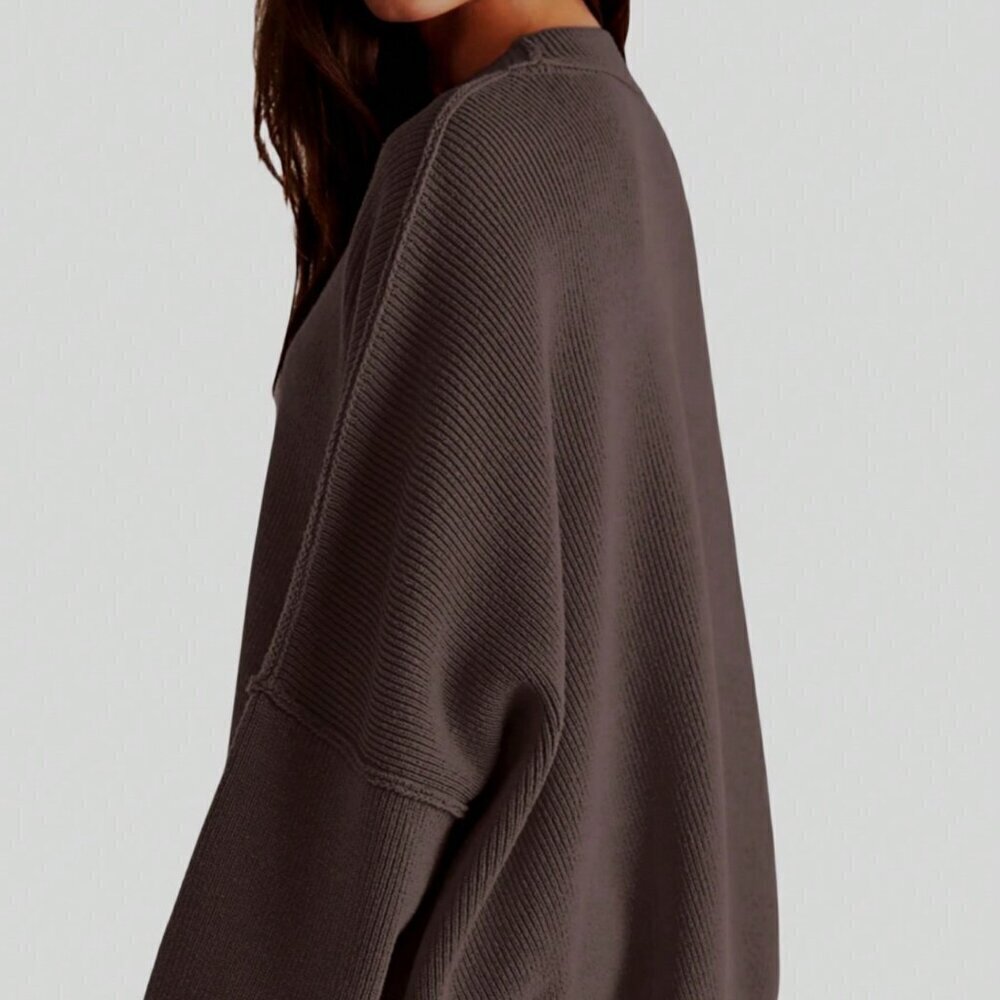 Coffee Brown Casual Women's Solid Drop Shoulder Split Hem Sweater - Picture 3 of 4